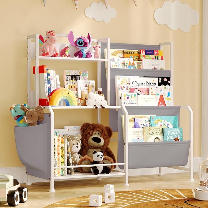Bookshelf for Kids, 3 Tier Toddler Bookshelf with Toy Storage Organizer, Nursery Book Shelves, Kids Book Shelf Bookcase for Kid Rooms Playroom, White/Grey