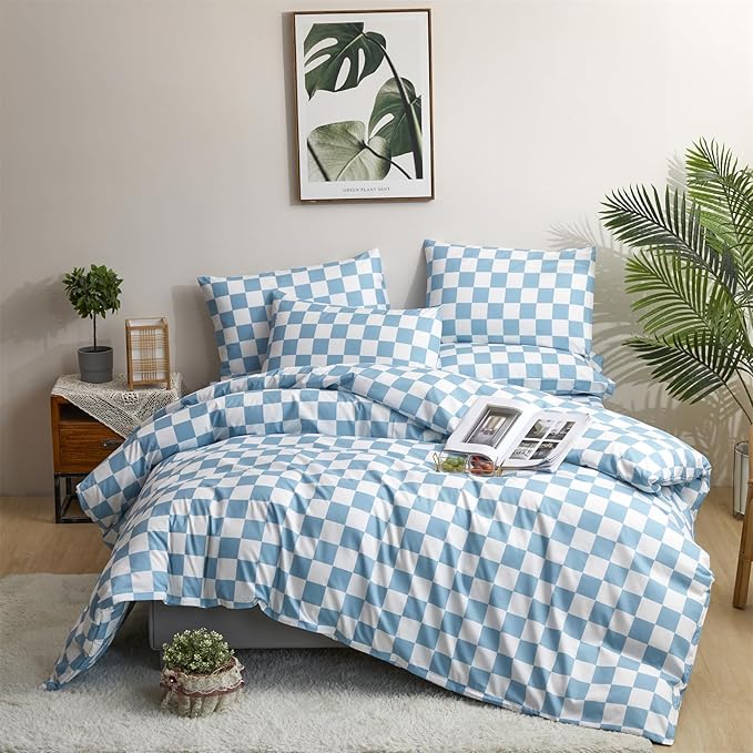 Blue and White Checkered Comforter Set Twin Comforter Set Lightweight Twin Bedding Set 3 Pieces Includes 1 Checkered Comforter (68"x90") and 2 Pillowcases (20"x26")