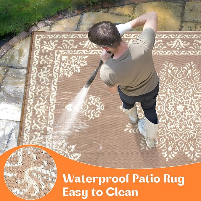 Yamaziot Outdoor Rug 9x12 Ft, Waterproof Plastic Straw Patio Rug, Reversible Backyard Carpet UV Resistant Portable RV Mat Clearance, Large Indoor Outdoor Rug for Patio, Porch, Deck, Balcony, Brown