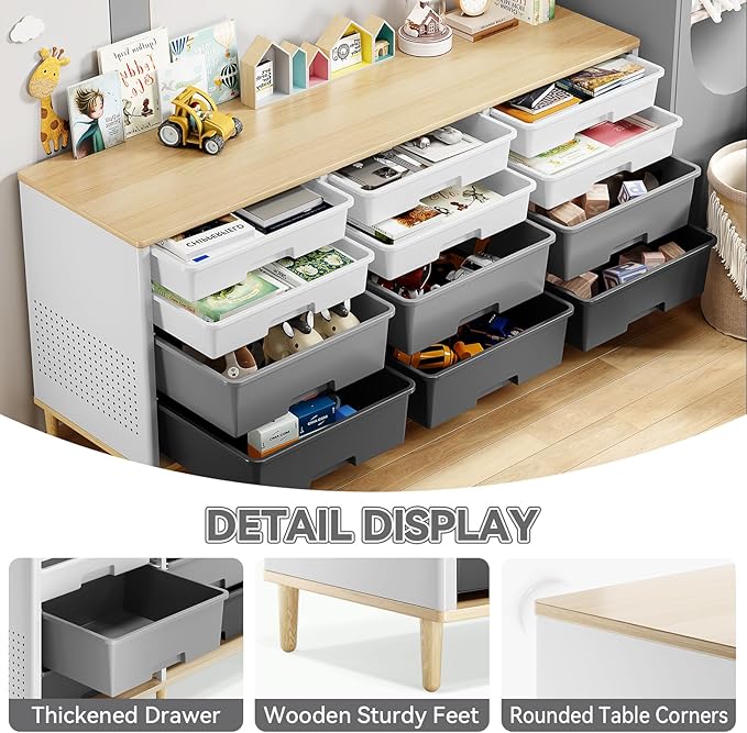 Storage Cabinet with 12 Drawers, Home Storage With Wooden Tabletop, Cube Storage Organizer for Living Room, Bedroom, Classroom, Office, Playroom, Craft Room, (Grey)