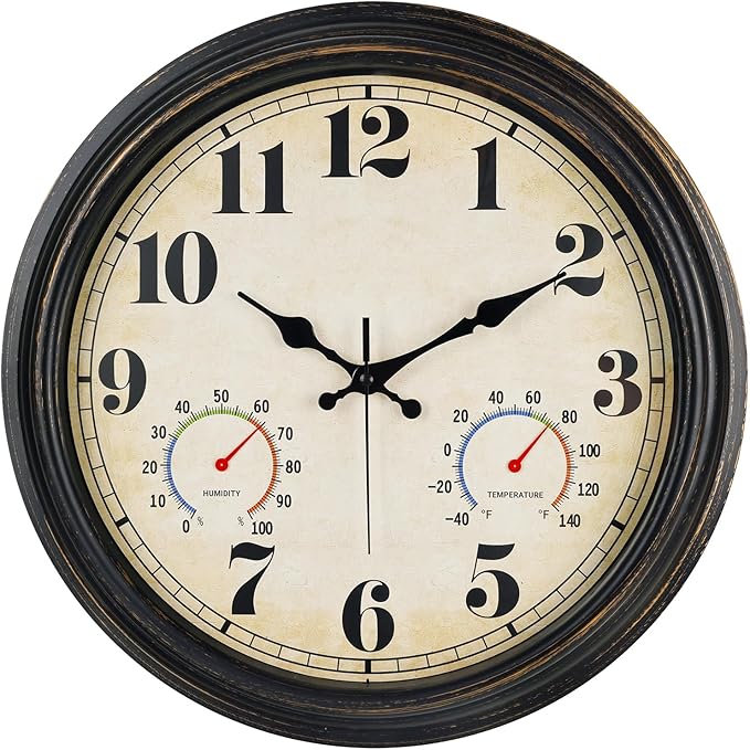zyzamay 16 Inch Black Gold Vintage Indoor/Outdoor Wall Clock with Thermometer & Hygrometer & Waterproof, Large Silent Sweep Numerals, Perfect for Porch, Garden, Pool