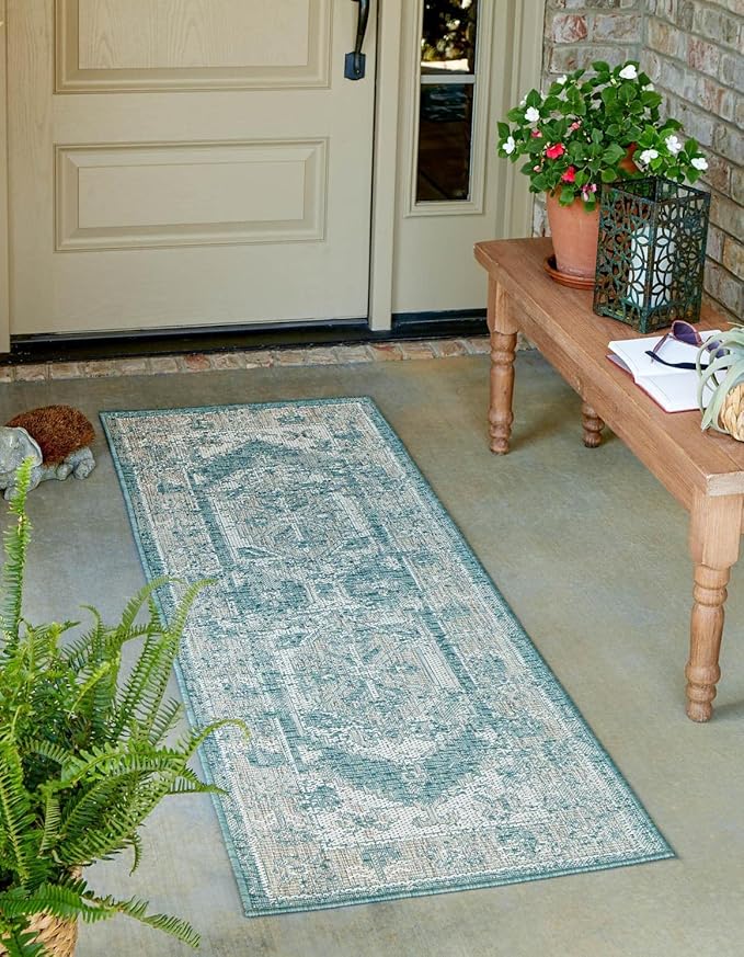 Unique Loom Outdoor Traditional Collection Area Rug - Valeria (2' x 6' 1" Runner, Aqua/ Ivory)