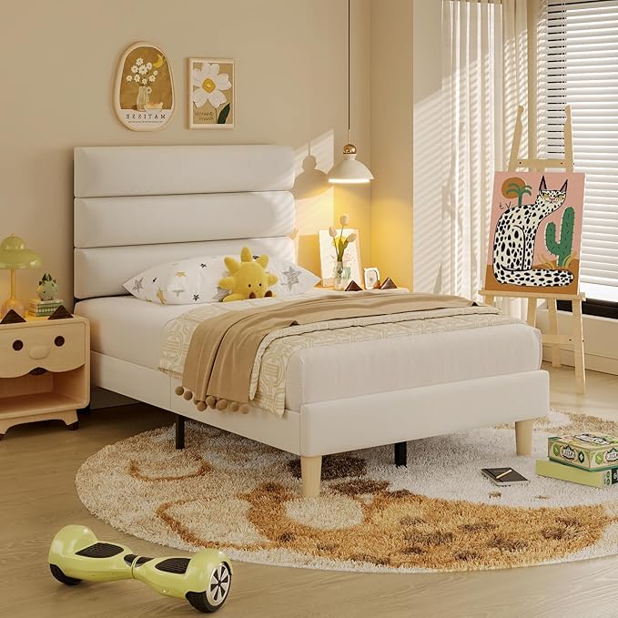 Twin Bed Frame, Platform Bed Frame with Velvet Upholstered Headboard, No Box Spring Needed, Sturdy Metal Support, Noise Free, Easy Assembly, Modern Bedroom Furniture, Beige