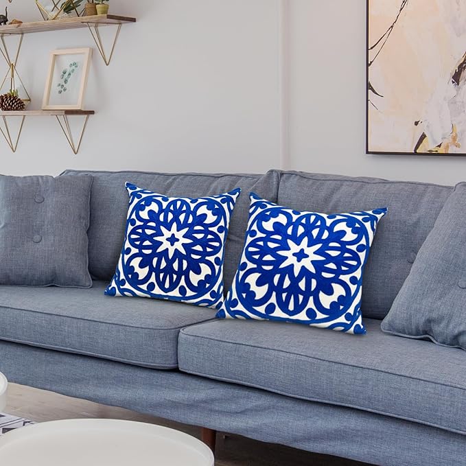 Alysheer Floral Embroidered Fall Decorative Throw Pillow Cover 18"x 18" Set of 2, Boho Mandala Embroidery Royal Blue Patterned Cushion Case for Sofa Couch Living Room Bedroom Outdoor
