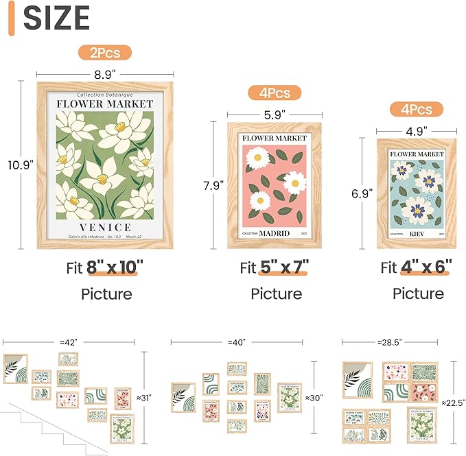 upsimples 10 Pack Picture Frames Collage Wall Decor for Mounting or Tabletop Display, Photo Gallery Frame Set for Family, Multi Sizes Including 8x10, 5x7, 4x6, Natural