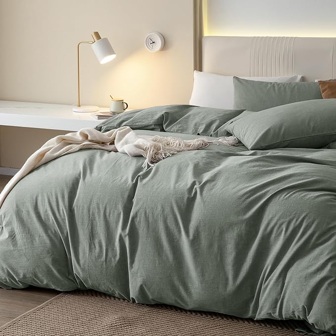 JIYUAN 100% Washed Cotton Duvet Cover Set 3 Pieces Alaska King, 1 Duvet Cover 132x120 Inches(Comforter Not Included) and 2 Pillowcases,Linen Feel Bedding Set Comfy and Breathable, Heathered Green