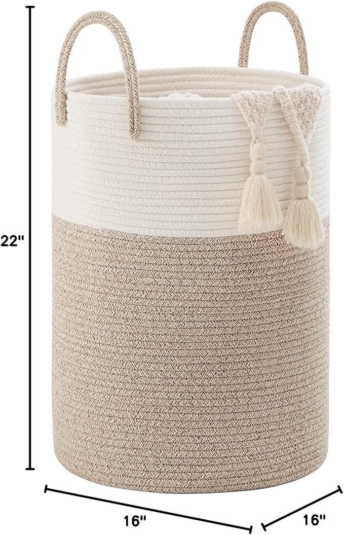 Woven Rope Laundry Hamper Basket, 72L Tall Luandry Basket, Baby Nursery Hamper for Blanket Storage in Bedroom-Large-Brown