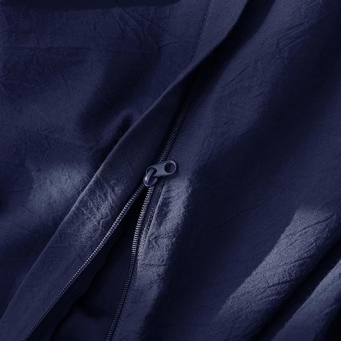 JIYUAN 100% Washed Cotton Duvet Cover Set 3 Pieces King, 1 Duvet Cover 104x90 Inches(Comforter Not Included) and 2 Pillowcases,Linen Feel Bedding Set Comfy and Breathable,Navy Blue