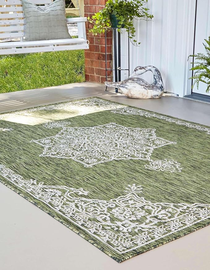 Unique Loom Outdoor Traditional Collection Area Rug - Antique (10' x 14' 1" Rectangle Green/Ivory)