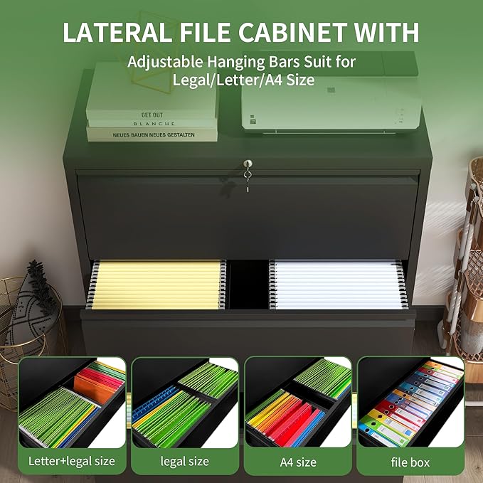 Metal Lateral File Cabinets with Lock,3 Drawer Filing Cabinets for Home Office,Storage Cabinets for Hanging Files Letter/Legal/F4/A4 (Black)