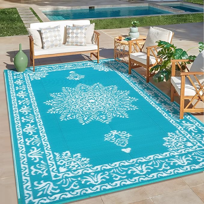Yamaziot Outdoor Rug 6x9 Ft, Waterproof Plastic Straw Patio Rug, Reversible Backyard Carpet UV Resistant Portable RV Mat Clearance, Large Indoor Outdoor Rug for Patio, Porch, Deck, Balcony, Teal