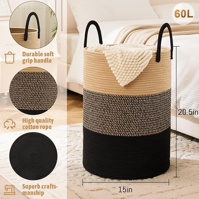 Laundry Basket,Woven Cotton Rope Laundry Hamper,60L for Decorative Storage of Dirty Clothes,Toys and Blankets in Bathroom,Bedroom and Living Room