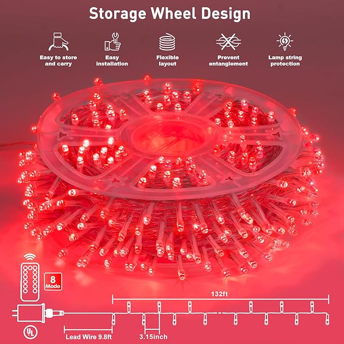 JMEXSUSS 400 LED Red Halloween String Lights Outdoor, 132ft Red String Lights Indoor Plug in with Remote, 8 Modes Christmas Light for Tree Room Fireplace Christmas Halloween Party Decor