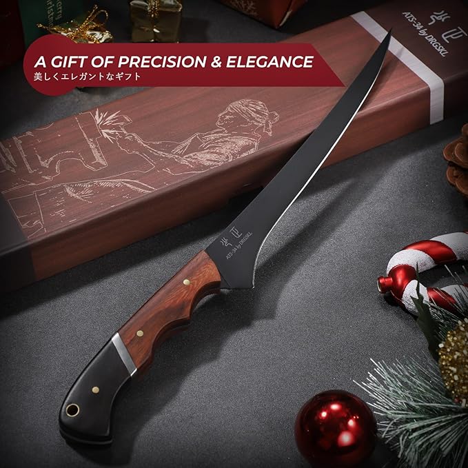 Fish Fillet Knife 7inch - Black Meat Slicing Knife in High Carbon Steel, Boning Knives for Meat Poultry Chicken Trimming, Fish Knives with Wooden Handle, Gift for Men