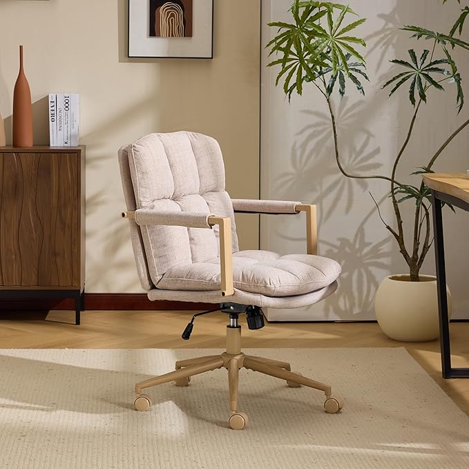 VINGLI Comfy Linen Office Desk Chair with Wheels & Detachable Cushions & Wood-Like Armrests,Swivel Small Computer Task Chair,Adjustable for Girl Makeup Vanity,Teen/Kids Study,Nail Tech,Sewing,Khaki