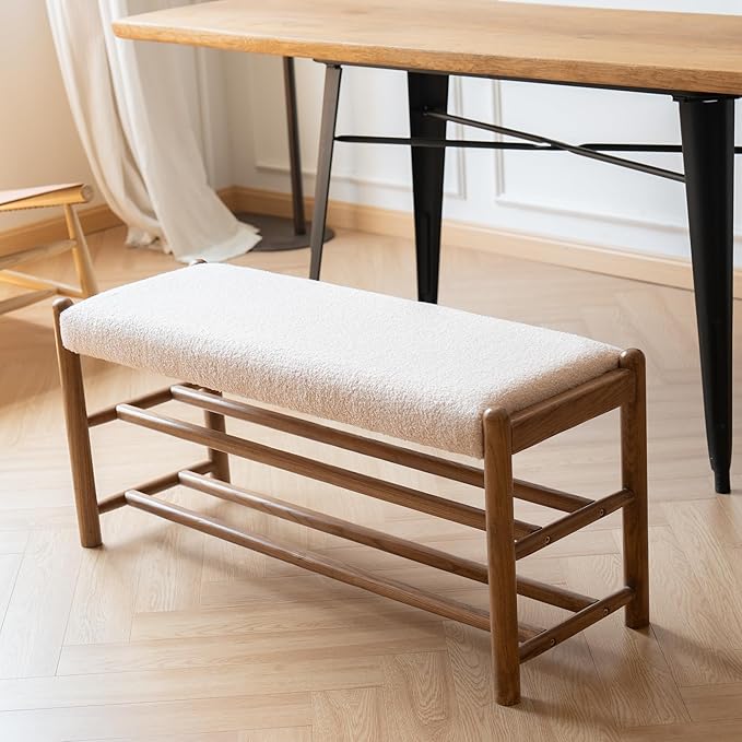 Solid Wood Entryway Bench with Shoe Storage, Rustic Oak Wood and Sherpa Fabric 39.4 Inch Long Seating for Living and Dining Rooms, 3-Tier White