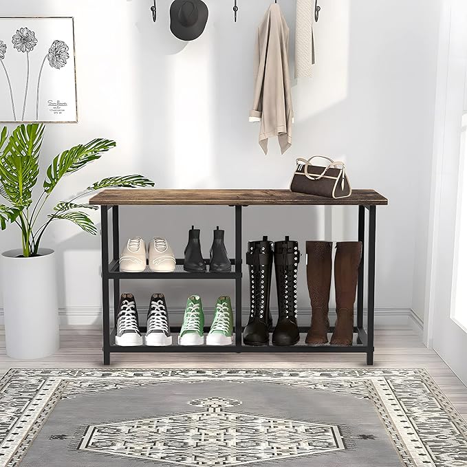 Rustic Wood Bench with 3-Tier Shoe Rack for Small Spaces - Free Standing Shoe Storage Shelf with Boot Organizer