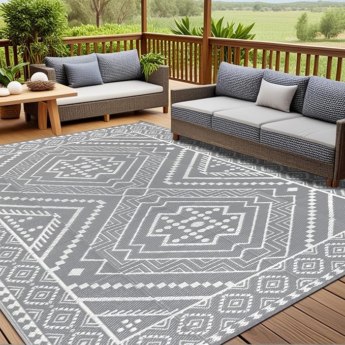 Waterproof Outdoor Rug 8x10 ft, Reversible Plastic Straw Mat, Large Floor Mat for Patio, Camping, Picnic, Backyard RV, Deck, Grey