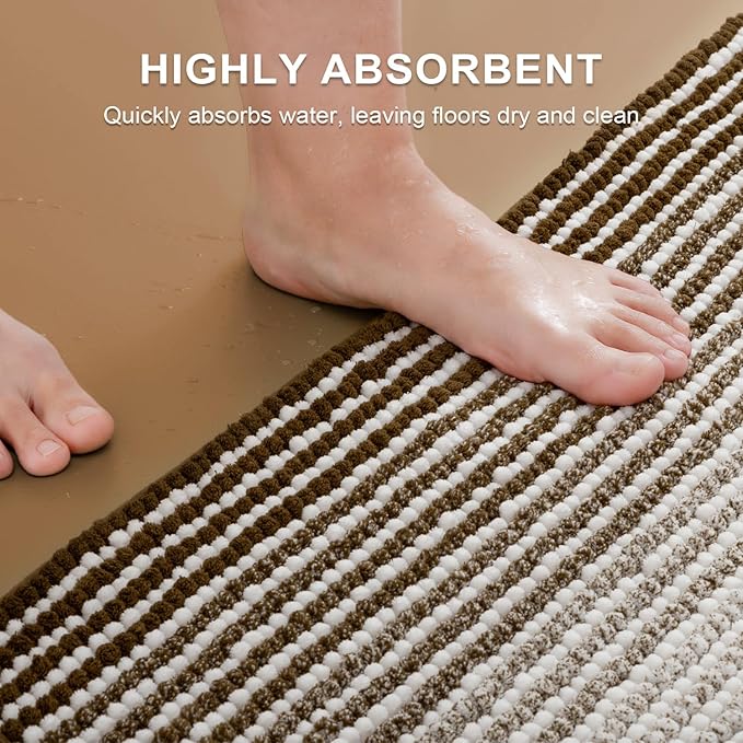 BSICPRO Bathroom Rugs and Mats Sets, 2 Piece Thick Absorbent Chenille Bath Mat Rug Set Non Slip, Soft Shaggy Bath Room Floor Mats for Bathroom, Machine Washable (Brown, 20" x 60" Plus 20" x 32")