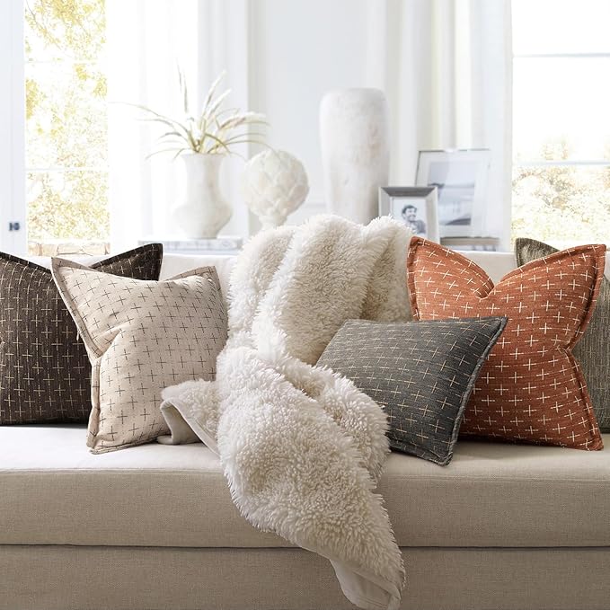 ZWJD Fall Pillow Covers 22x22 Set of 2 Soft Polyester Textured Rust Pillow Covers with Stylish Flange Edge Cozy Farmhouse Throw Pillows for Couch Bed Sofa Living Room Fall Decor