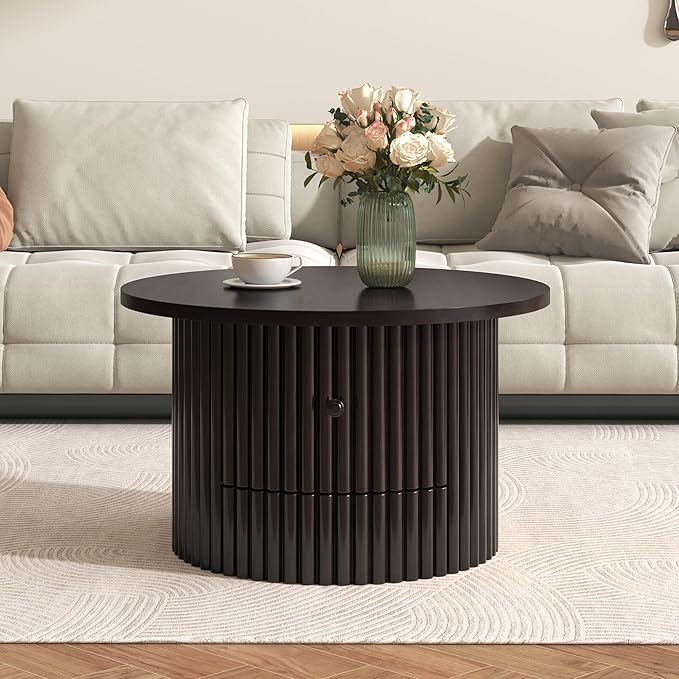 WILLIAMSPACE 30.5" Round Coffee Table with a Drawer, Modern Farmhouse Wood Circle Drum Center Table with Vertical Slat Base, Accent Side End Table for Living Room Apartment, Dark Brown