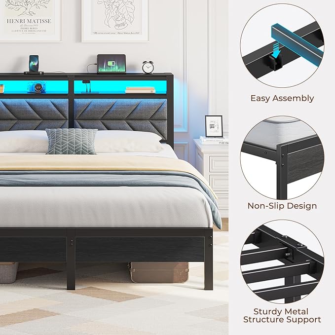 Seventable Bed Frame Queen Size with Charging Station, LED Bed with Upholstered Storage Headboard, Metal Platform Bed with Under Bed Storage, No Box Spring Needed, Noise Free, Easy Assembly, Grey