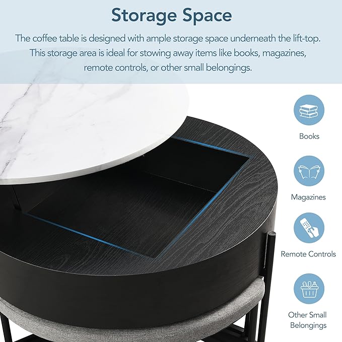 WILLIAMSPACE 31.5" Lift Top Coffee Table Set with Storage & 3 Upholstered Nesting Ottoman, Modern Round Marble Coffee Table Accent Center Table for Living Room, Apartment, White & Black