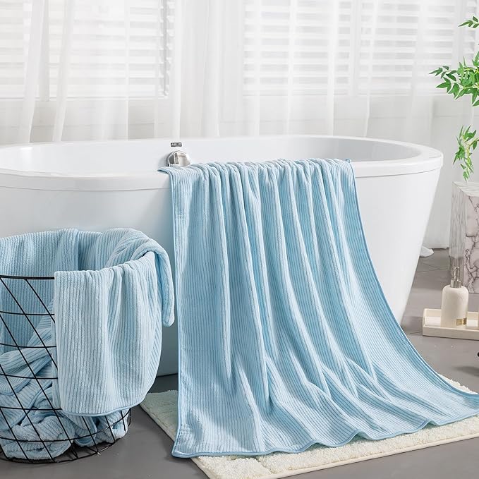 8-Piece Premium Towel Set for Bathroom|2 Oversized Large Bath Sheet,2 Hand Towels,4 Washcloths|Soft Cozy Highly Absorbent Fast Dry Microfiber Shower Towel Set for Hotel Bathroom Essentials,Blue