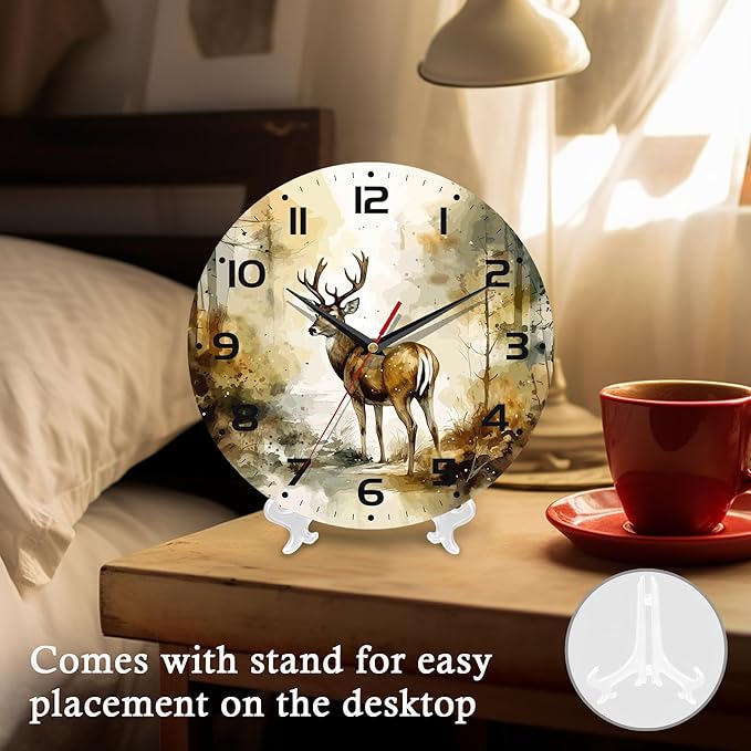 Wall Clock, 10 Inch Silent Non-Ticking Home Kitchen Decor, Battery Operated for Bathroom Bedroom Living Room Office(Forest Deer)