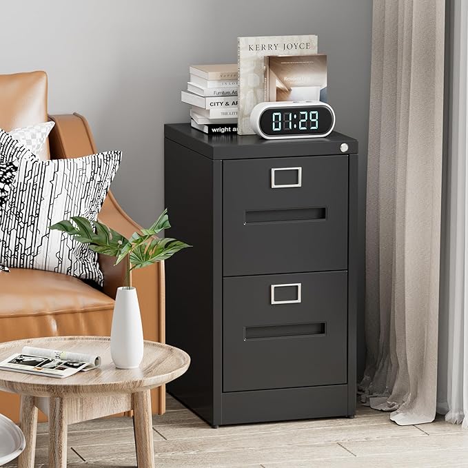 2 Drawer Mobile File Cabinet, Metal Under Desk Cabinet with Lock Name Card Holder for Office Home, Legal/Letter Size, W14.57”x D17.36”x H25.79”, Assembly Required