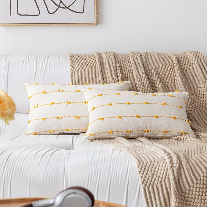 Boho Throw Pillow Covers 12x20 Set of 2 Modern Farmhouse Decorative Cushion Case Tufted Linen Square Pillows Cover Neutral Pillow Cases Accent Pillowcase for Sofa,Couch,Bed,Beige and Yellow