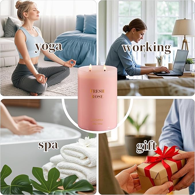 Goodpick Fresh Rose Candles for Women, Pink Candle, Soy Wax 22oz Large 120 Hours Burn, Stress Relief Aromatherapy Candles