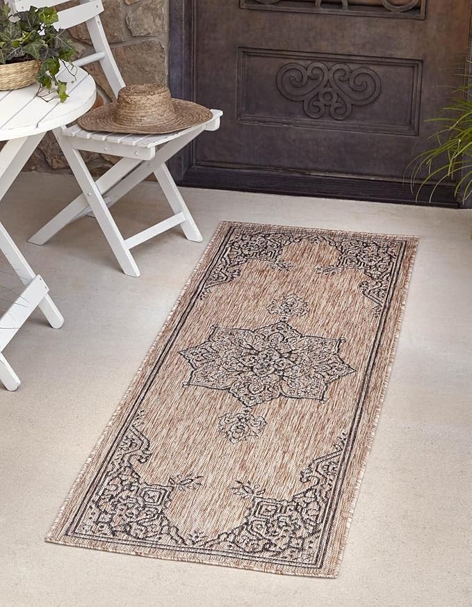 Unique Loom Outdoor Traditional Collection Area Rug - Antique (2' x 8' Runner Beige/Black)