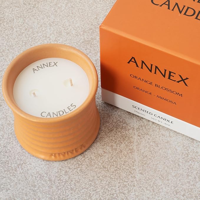 Scented Luxury Candles in Handmade Ceramic Jars, Soy Wax | Orange Blossom – Orange & Mimosa, Large Candle | Non Toxic, 2 Wicks, Reusable Big Orange Jar | Natural Spring Aromatherapy for Women & Men