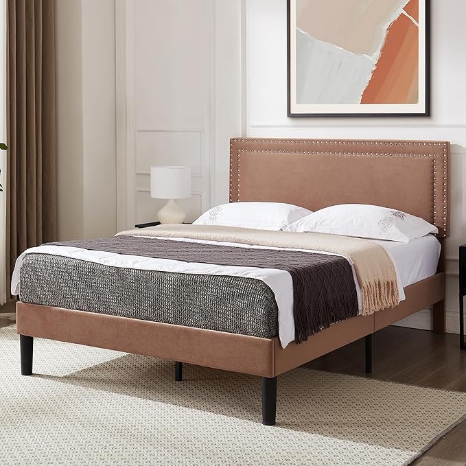 VECELO Bed Frame Queen Size with Adjustable Upholstered Headboard, Wooden Slats Platform, Noise-Free Design, Easy Assembly