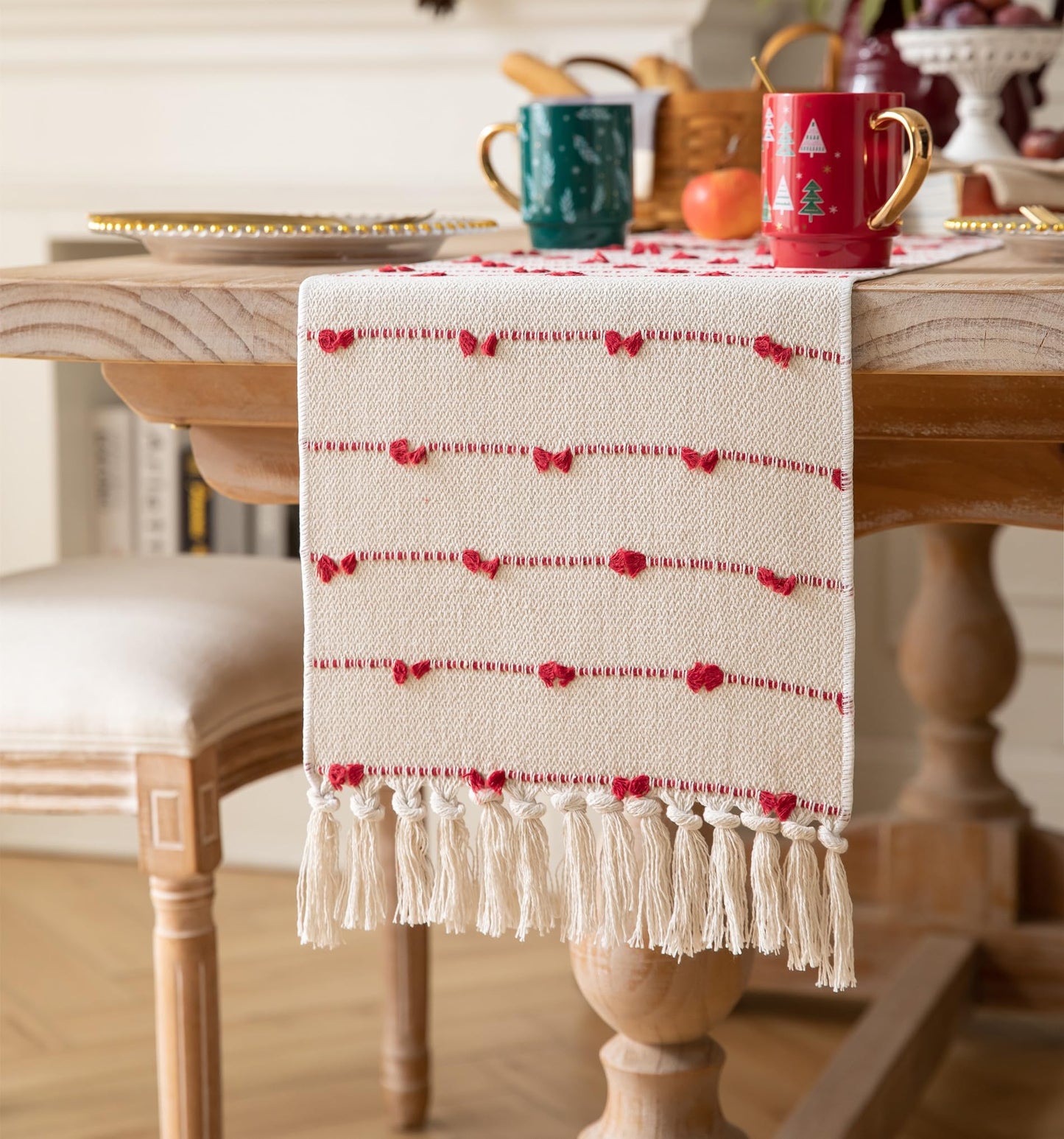 Caflife Christmas Table Runner 72 Inchs Long for Modern Farmhouse Room Home Christmas Decorations, Boho Red Table Runner, Natural Cotton Woven with Tassels for Holiday Kitchen and Dining Table Decor