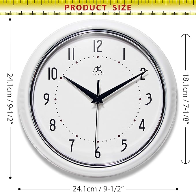 Infinity Instruments LTD. Retro 9 inch Silent Sweep Non-Ticking Mid Century Modern Kitchen Diner Wall Clock Quartz Movement Retro Wall Clock Decorative (White)…