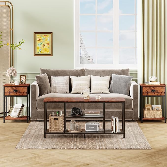 Furologee Nightstands Set of 2, Industrial End Table with Fabric Drawer and Storage Shelf, Retro Bedside Tables Organizer, Side Table for Living Room Bedroom, Rustic Brown