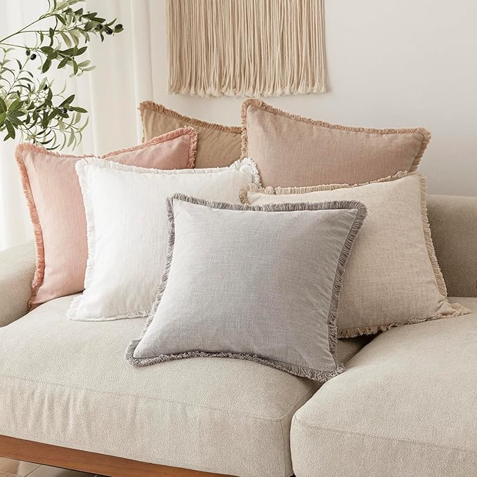 Foindtower Set of 2 Decorative Linen Fringe Throw Pillow Covers Cozy Boho Farmhouse Cushion Cover with Tassels Soft Accent Pillowcase for Couch Sofa Bed Living Room Home Decor,26×26 Inch,Light Pink