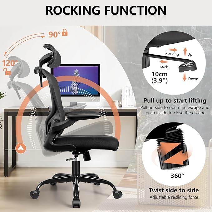 FelixKing Office Chair with Headrest, Ergonomic Desk Chair with Wheels, Task Swivel Comfy Chair with Adjustable Lumbar Support, Breathable Mesh Computer Chair with flip-up Armrests for Home (Black)