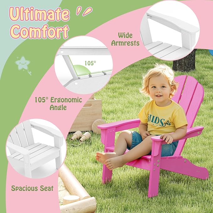 Giantex HDPE Kids Adirondack Chair - All-Weather Lawn Toddler Chair with Ergonomic Design, Children’s Outdoor Chair for Toddlers Ages 3-8, Kid’s Patio Furniture for Deck, Garden (2, Pink)