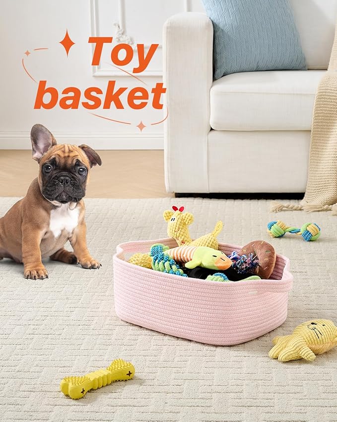 KALLAX Small Woven Basket, 14 x 10 x 5.6 Inches, Small Storage Baskets for Organizing, Gift Baskets Empty, Cute Rope Shelf Closet Storage Bins for Shelves, Dog Toy Basket, Light Pink