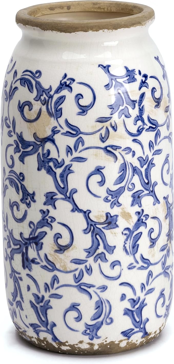 VICTOR & TERESA Rustic Large Blue and White Vase for Home Decor, 10'' Tall Ceramic Vases for Flowers, Farmhouse Decorative Vases for Pampas Grass,Table, Mantel, Living Room, Centerpieces