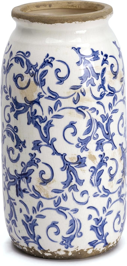 VICTOR & TERESA Rustic Blue and White Vase for Home Decor, Ceramic Vases for Flowers, Modern Farmhouse Decorative Vases for Pampas Grass,Table, Mantel, Living Room,Bookshelf, Centerpieces, 8''