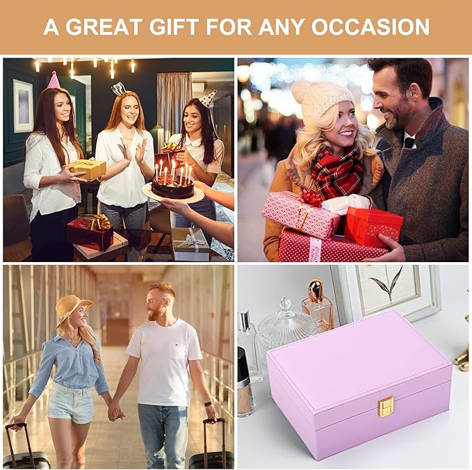 Jewelry Box for Girls Women Leather Jewelry Organizer with Lock Double Layers Jewelry Storage Case Removable Tray for Necklace Earring Ring with Polishing Cloth and Jewelry Bags, Home Decor Gifts