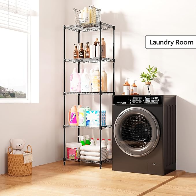 5 Tiers Shelf Metal Storage Shelves Wire Rack Closet Organizers with Wheel for Garage Kitchen Bathroom Laundry Black 11.8" D x 17.7" W x 55" H