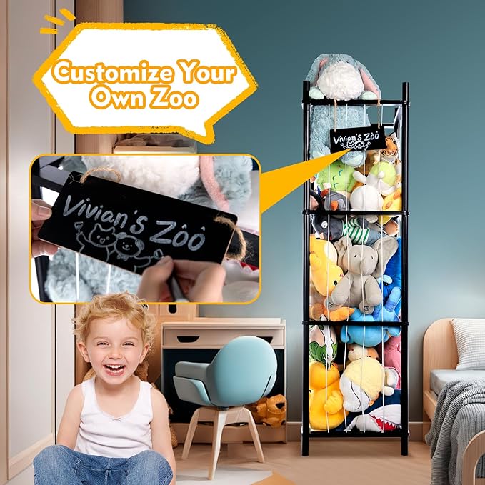 Large Stuffed Animal Storage, Wooden Stuffed Animal Storage Zoo, Toy Holder, Space Saving Toy Zoo for Kidroom, Playroom, Kid’s Gift, Black