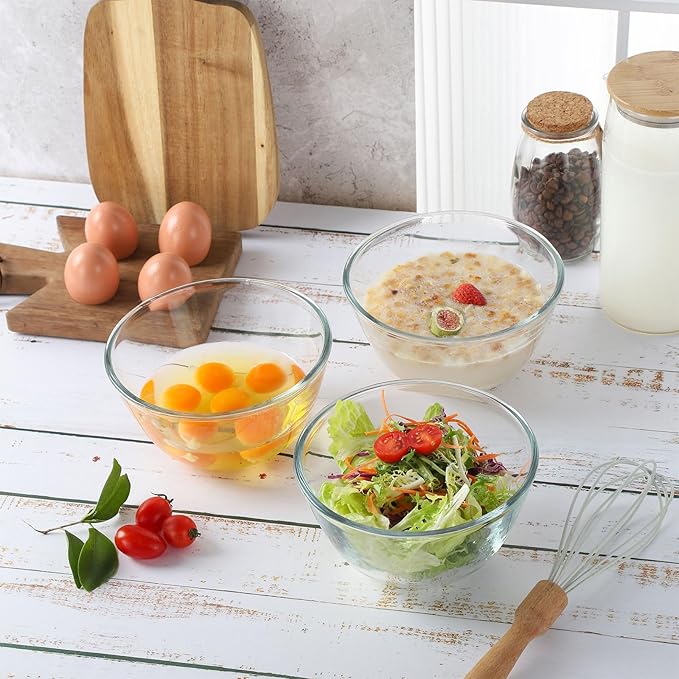WHJY 3 Pack of 7 Inch Glass Cereal Bowls - Borosilicate Glass Construction, Modern Style, 17.64 Ounces Capacity Each