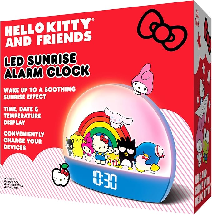 Hello Kitty and Friends Sunrise Alarm Clock - Multicolor Lights, USB Charging, LED Display, and Snooze Function