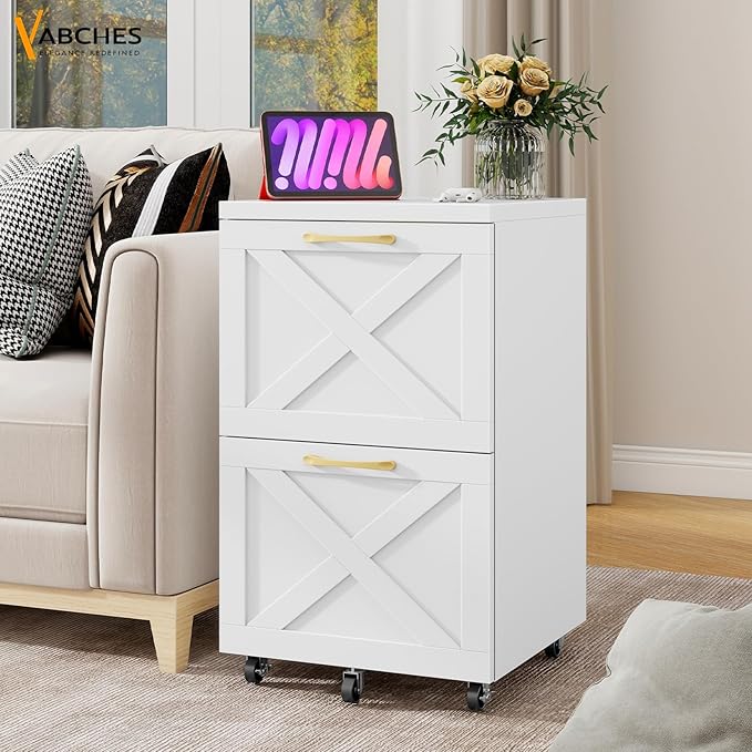 Farmhouse File Cabinet with 2 Drawers, Vertical Filing Cabinet on Wheels for Letter/A4 Size Hanging Files, Mobile File Cabinets Printer Stand for Home Office, White